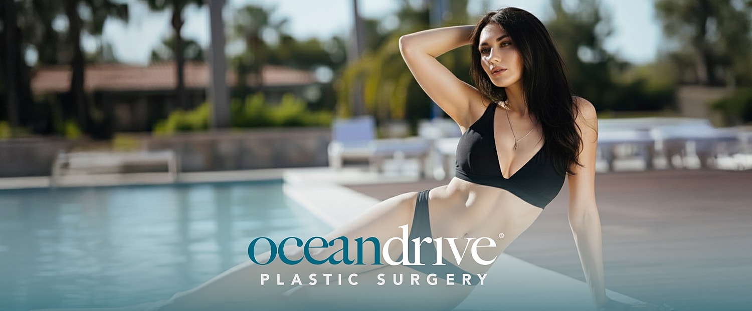 Model posing by pool for plastic surgery advertisement.