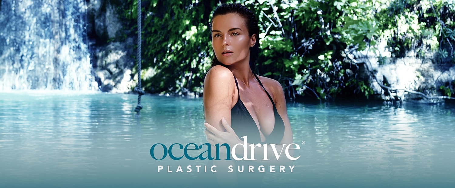 Model near waterfall promoting plastic surgery services.